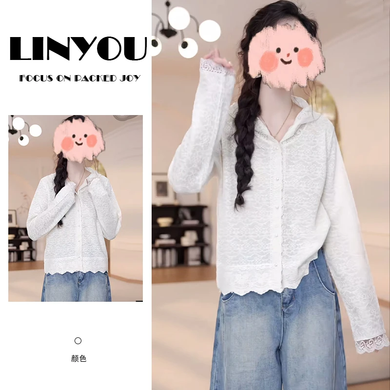 韩版时尚连帽蕾丝拼接针织衫女2025年春秋夏季新款洋气长袖上衣潮