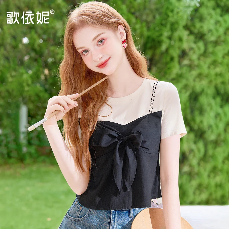 歌依妮夏季新款女甜美短款假两件套休闲百搭气质短袖T恤体恤上衣