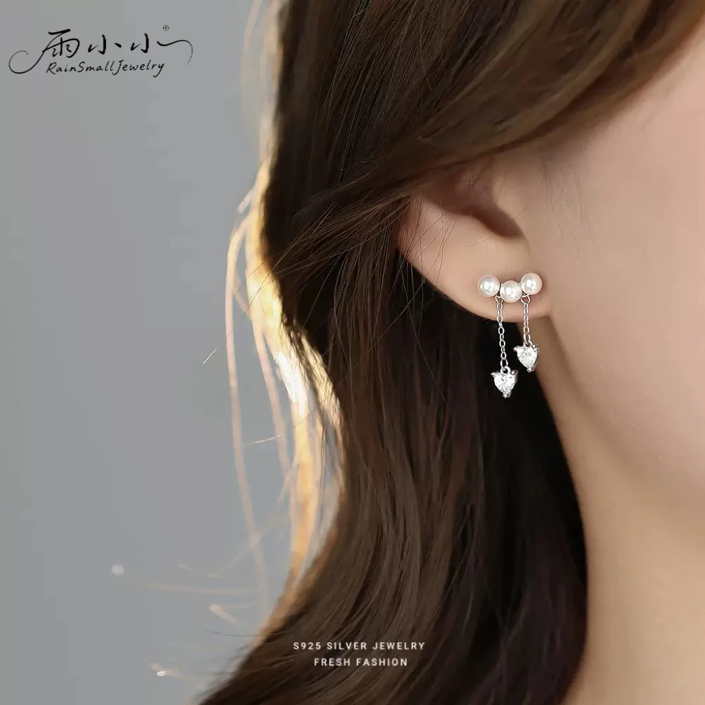 925银合成锆石耳饰 法式流苏爱心珍珠超萌带钻甜美风时尚气质耳环