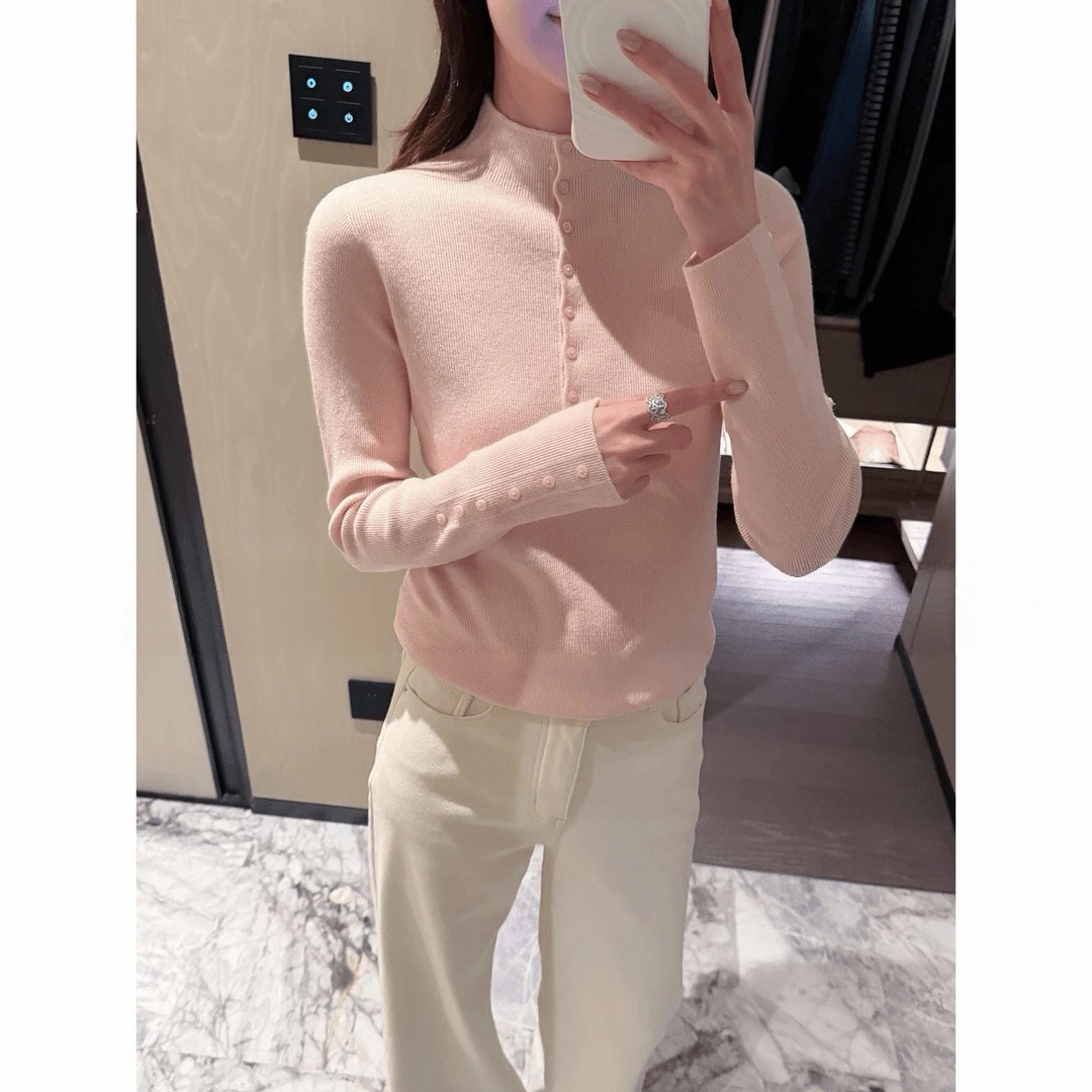 立领亨利无缝一体单排扣长袖针织衫冬季新款时尚百搭纯色套头毛衣