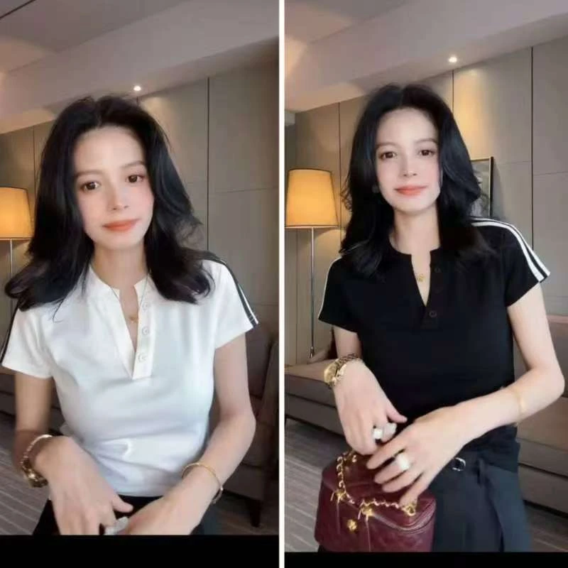 时尚百搭短袖常规款轻职风V领T恤气质休闲修身纯色短款设计感