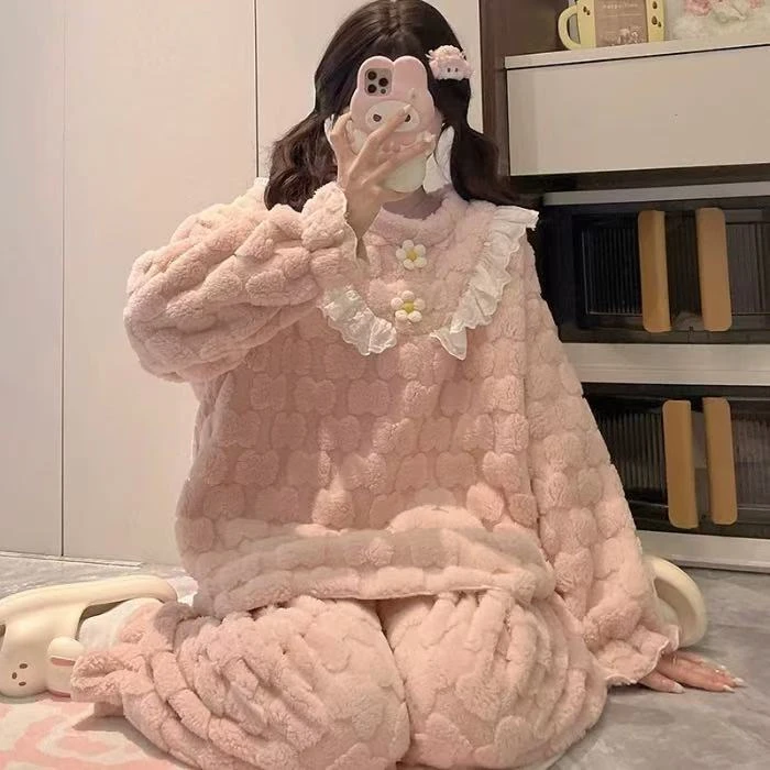 2515绒款粉色花花套头家居服长袖长裤套装