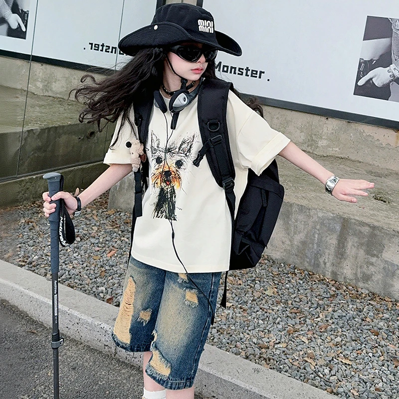 女童夏季套装2025新款超洋气短袖T恤女孩休闲破洞牛仔中裤两件套9