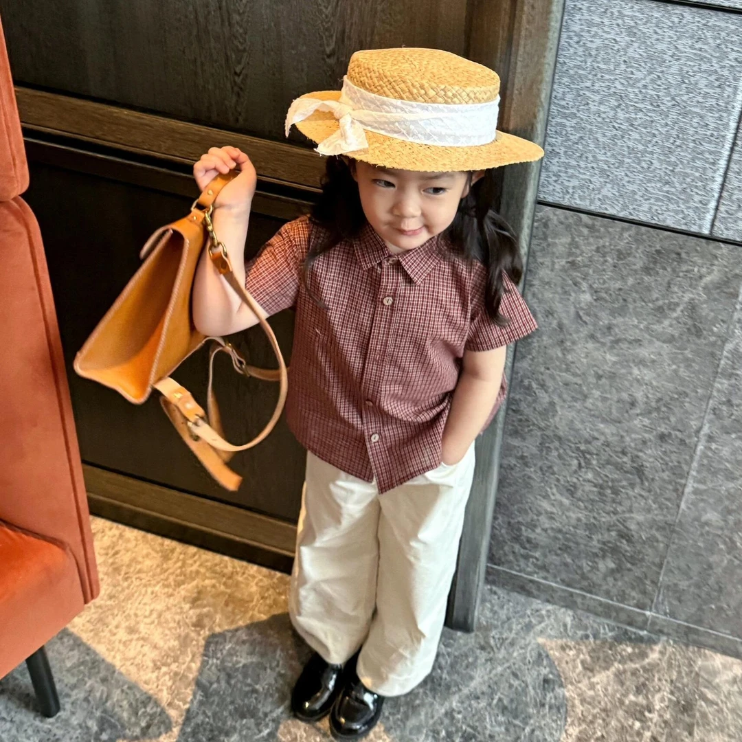 小惜亦夏季新款2025韩版休闲格子衬衫刺绣白色休闲裤女童时髦套装