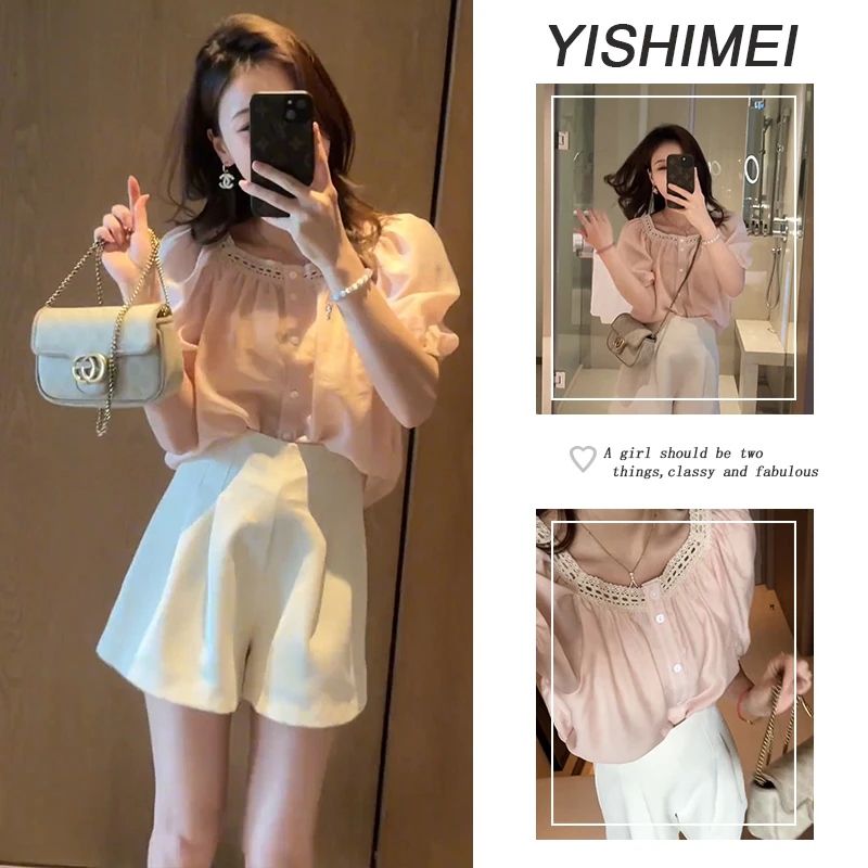 夏季温柔穿搭2025年新款韩系百搭减龄短袖上衣显瘦短裤两件套装