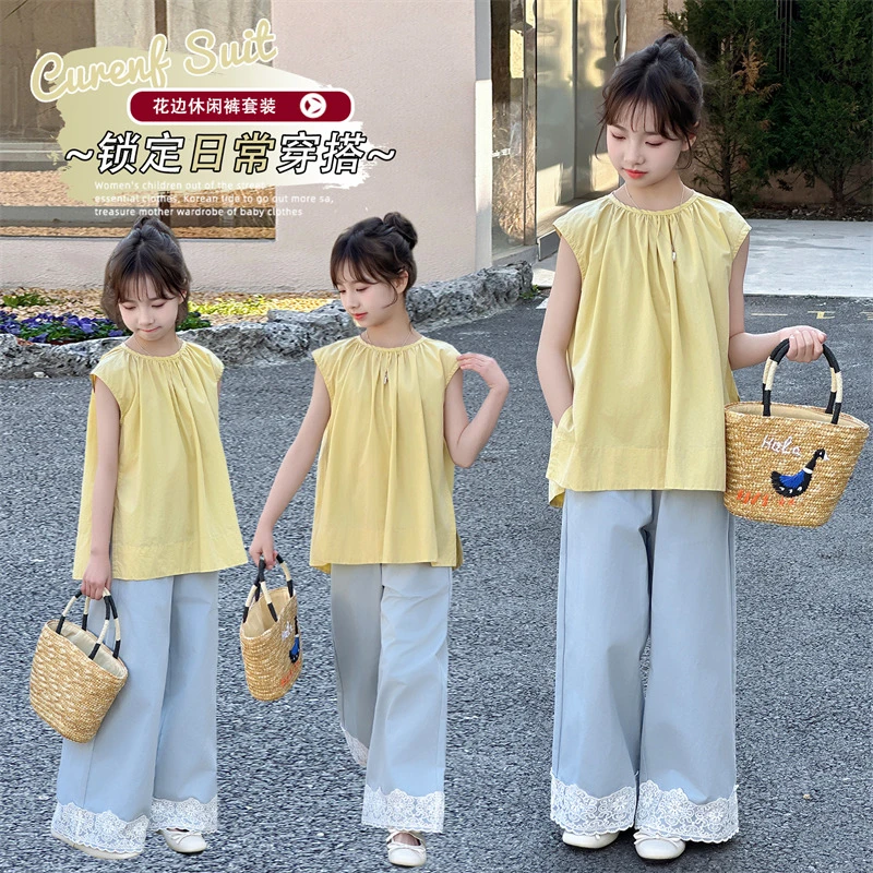女童夏季时尚套装2025新款儿童黄色衬衫蓝色花边裤百搭休闲两件套