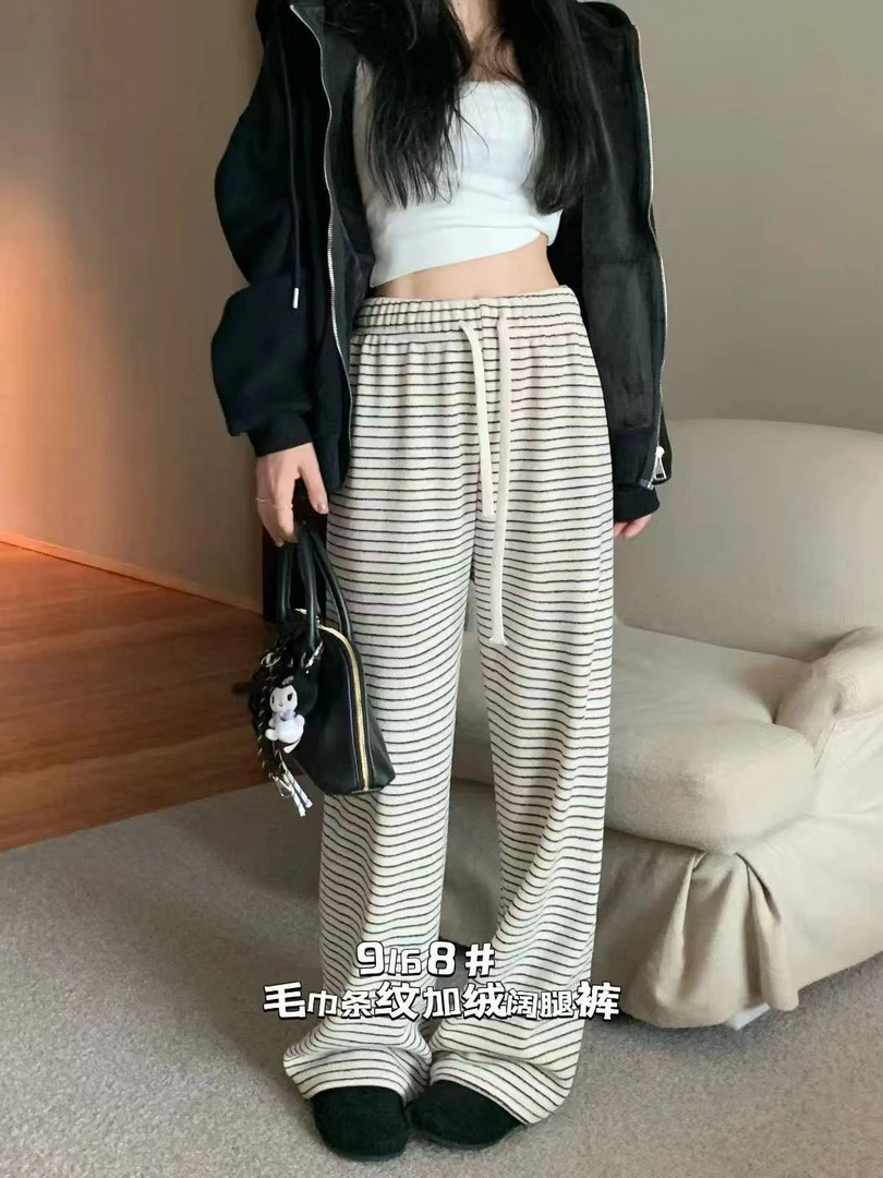 百搭显瘦时尚气质休闲加绒加厚条纹窄版阔腿裤