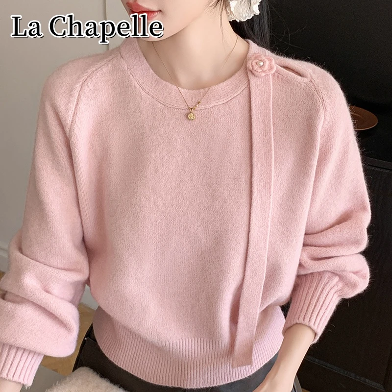 拉夏贝尔秋季韩系立体手勾玫瑰花针织衫百搭圆领套头显瘦打底上衣