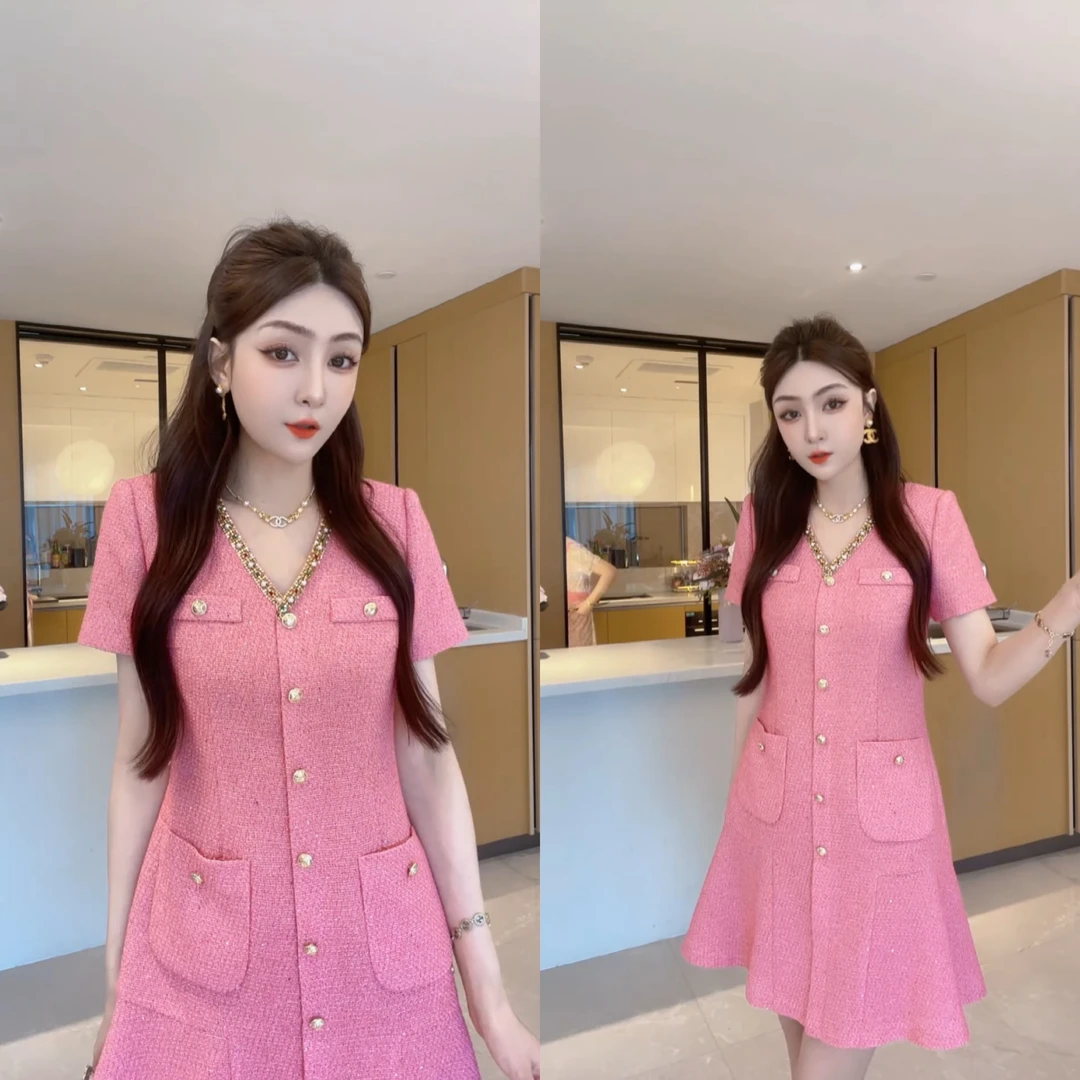 M9A86120夏季新款短袖轻奢名媛显瘦法式修身连衣裙小香风洋气气质