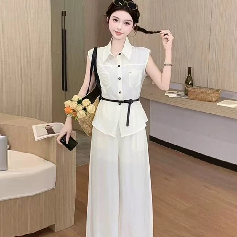 时尚衬衫套装女2025夏季新款收腰显瘦洋气减龄小个子阔腿裤两件套