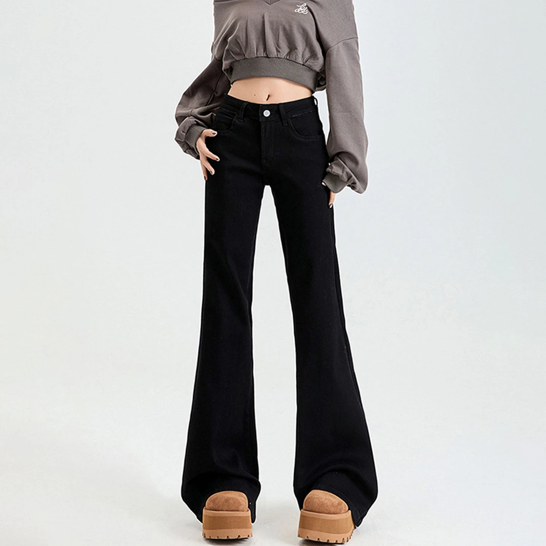 冬季黑色加绒加厚高腰直筒微喇牛仔裤女大码宽松遮胯显瘦喇叭裤子