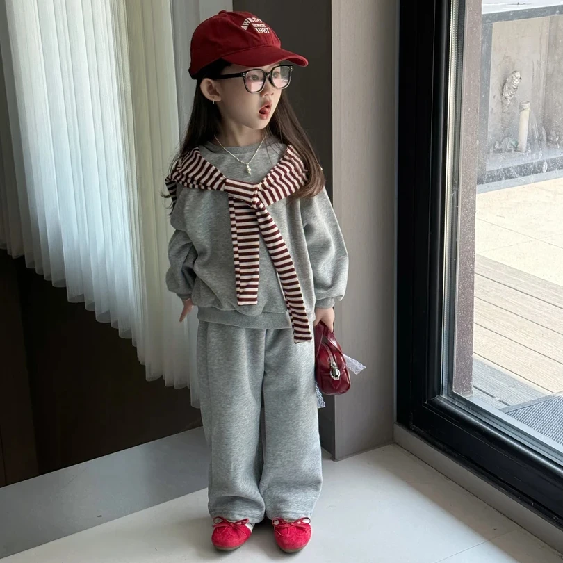 【男女宝同款】女童秋季新款套装洋气条纹披肩卫衣休闲裤百搭两件套