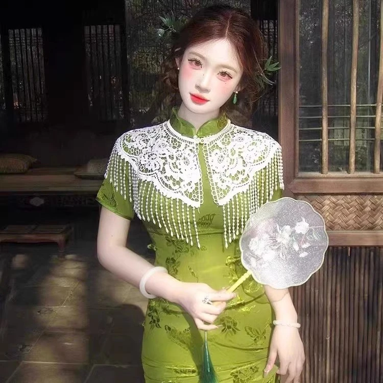 披肩外搭新款云肩旗袍云肩新中式珍珠流苏披肩坎肩中国风汉服领子