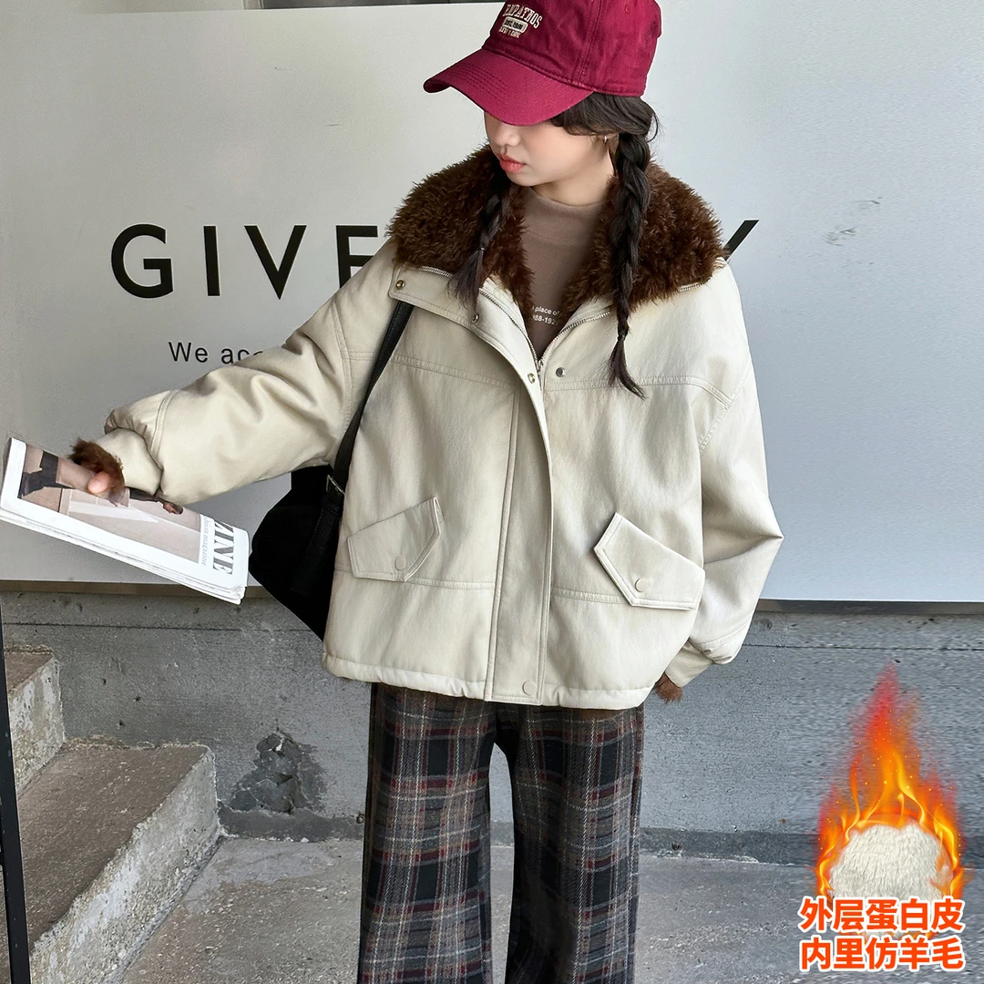女童冬装外套2025新款洋气中大童女孩加厚上衣儿童羊羔毛翻领夹克