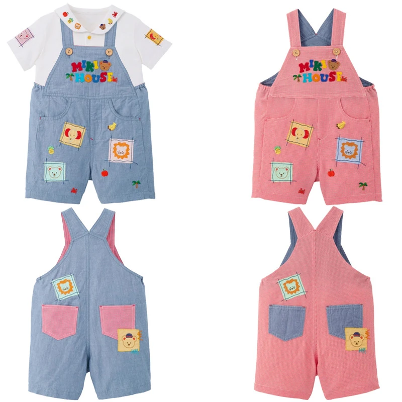 miki童装夏季宝宝背带裤男女儿童卡通海军熊小动物刺绣背带短裤