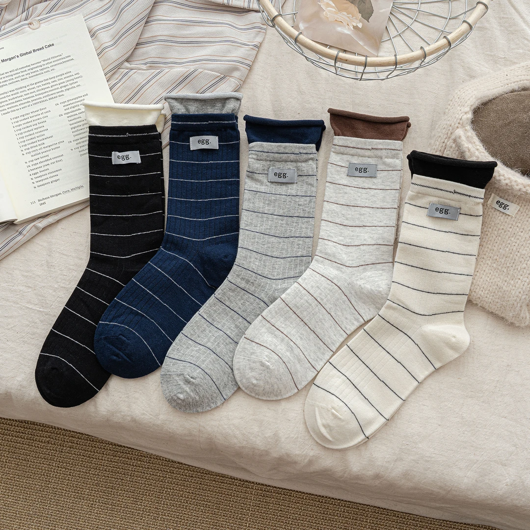 秋季新款袜子女双螺口布标卷边女袜百搭中筒袜日系堆堆袜条纹女
