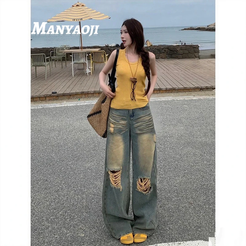 美式街头风破洞阔腿牛仔裤女2025冬季新款高腰宽松显瘦拖地脏脏裤