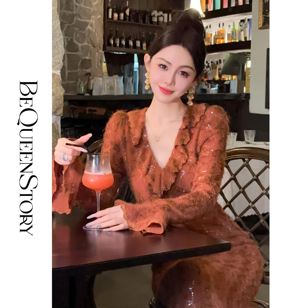 余潇潇【浪漫捕手】复古重工亮片刺绣荷叶边连衣裙气质高级感