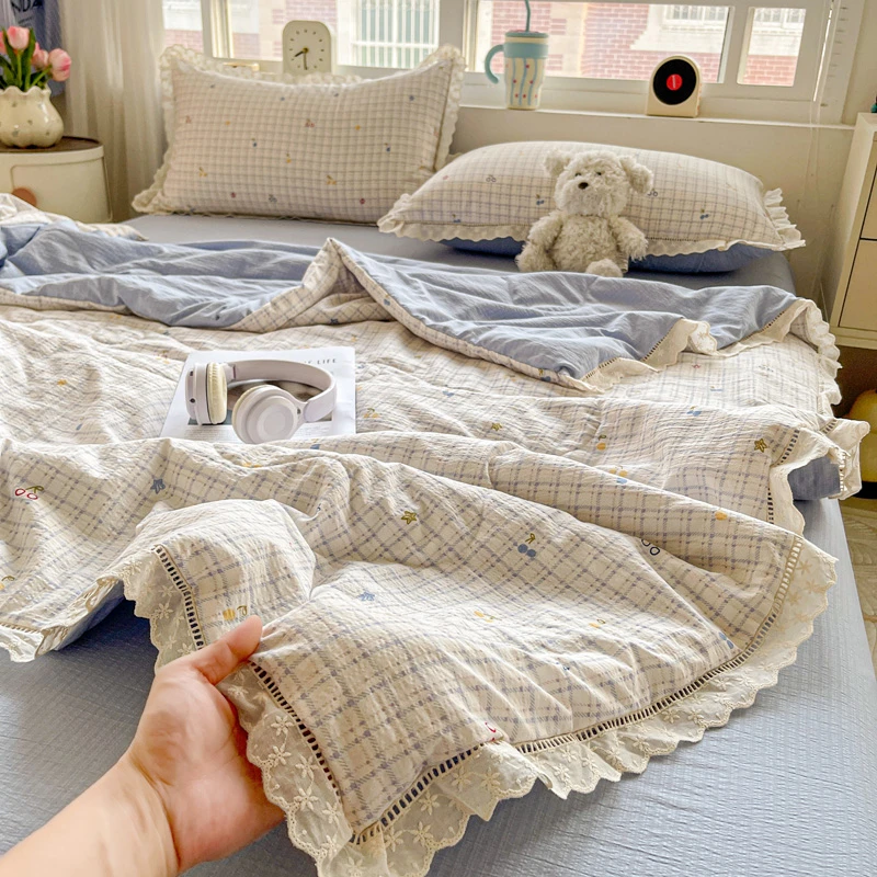 韩式花边款双层皱皱纱空调被夏凉被四件套双人夏季宿舍夏被可机洗