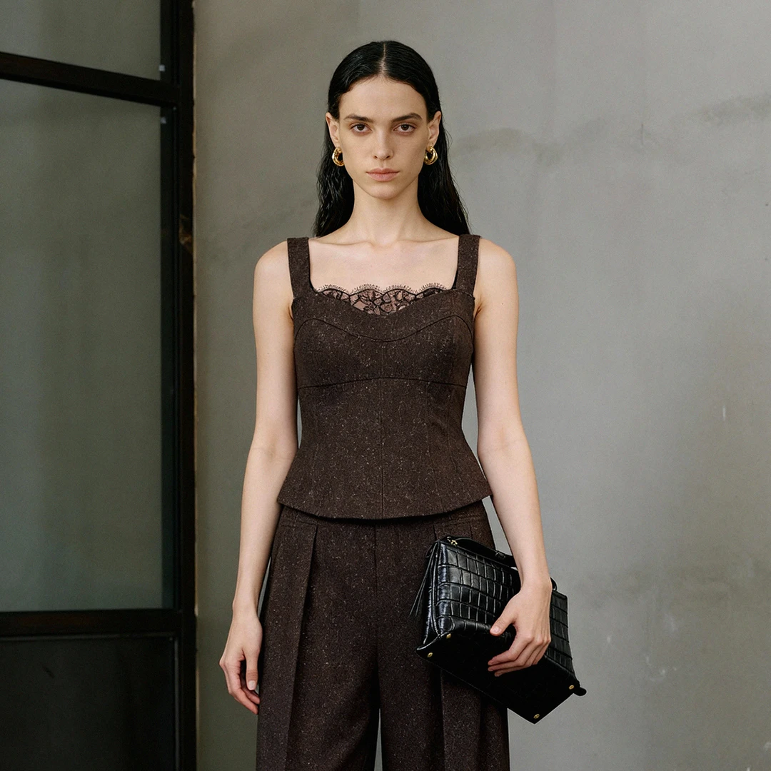 LYNEE【嘉伯丽尔】新 丝羊毛蕾丝拼接吊带上衣 内搭背心LGD2FAW260