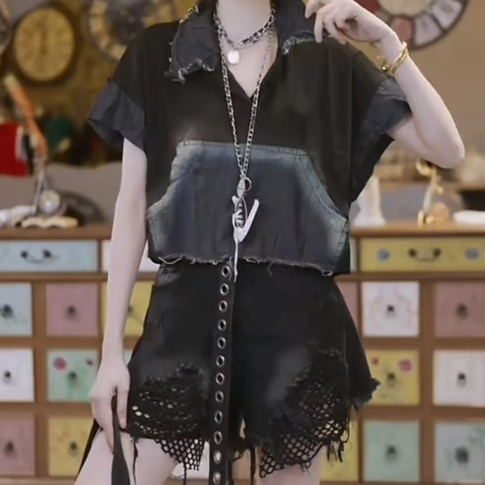 吸汗透气棉质拼牛仔短袖上衣