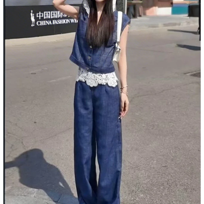 小香风休闲假两件蕾丝马甲套装女夏季高级感显瘦牛仔阔腿裤两件套