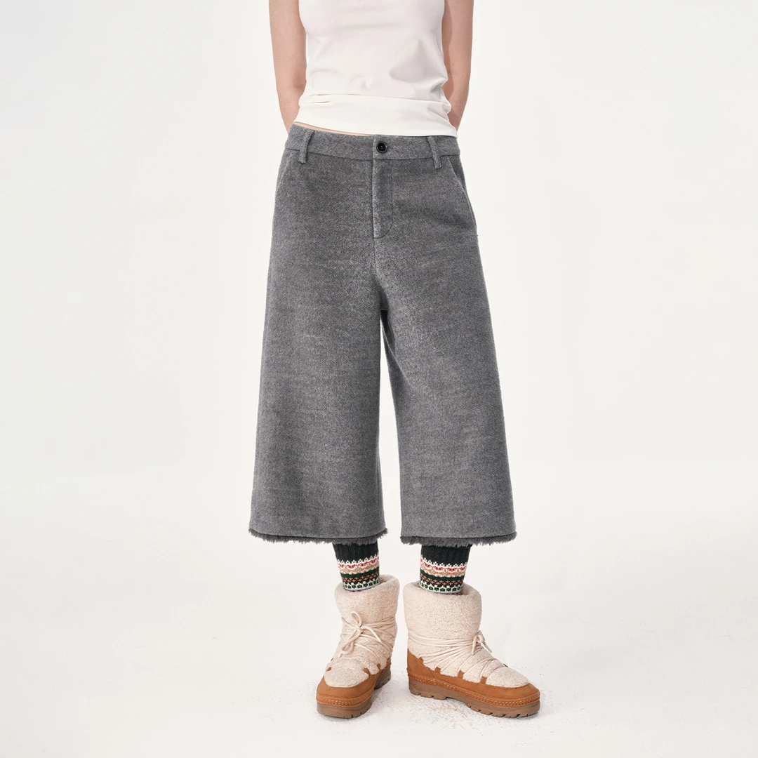 NUTH复古撞色宽松毛呢直筒阔腿七分裤女 灰色