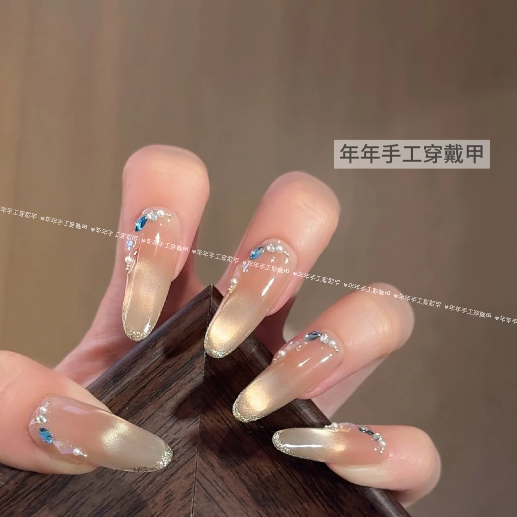 【月咏金沙】纯手工制作穿戴甲精品猫眼美甲温柔气质甲片