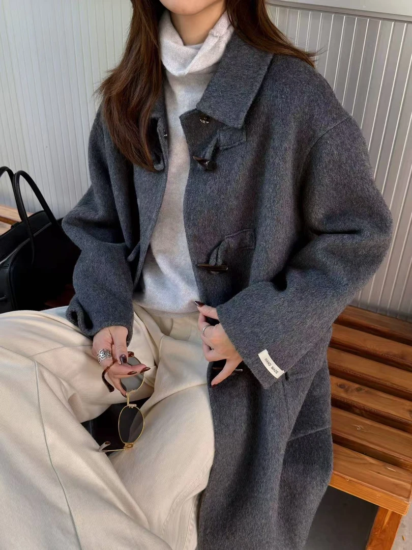 高品质 秋冬韩系慵懒风牛角扣双面羊毛大衣