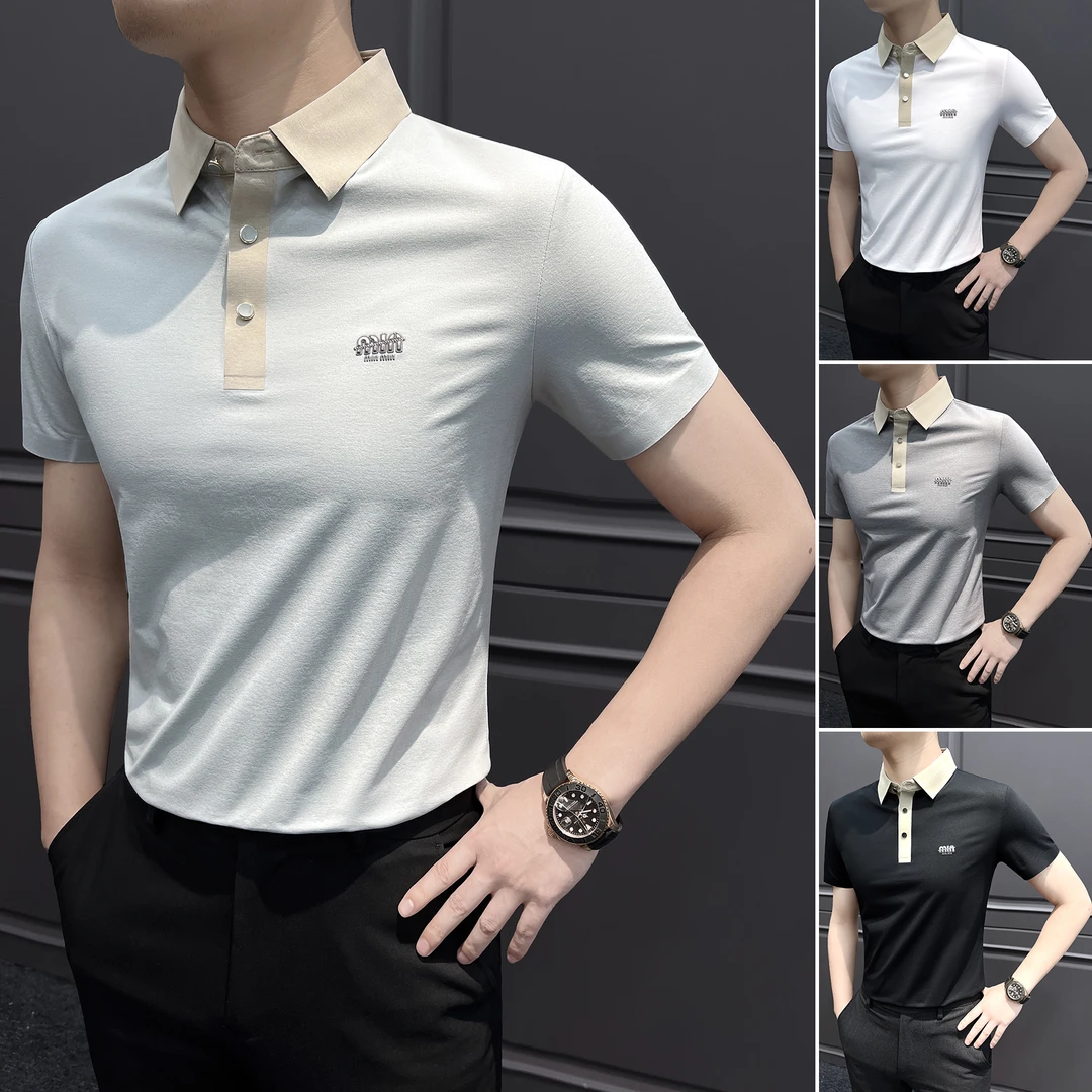 索罗娜拼色polo衫男款秋季冰丝薄款轻奢商务男装字母男士短袖t恤