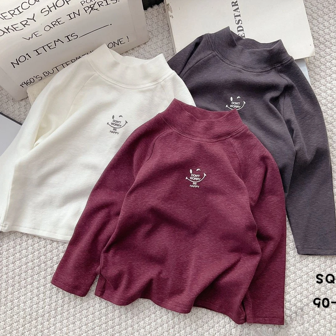 K1-1。130透气吸汗深秋打底280克T恤笑脸印花纯色小童打底衫