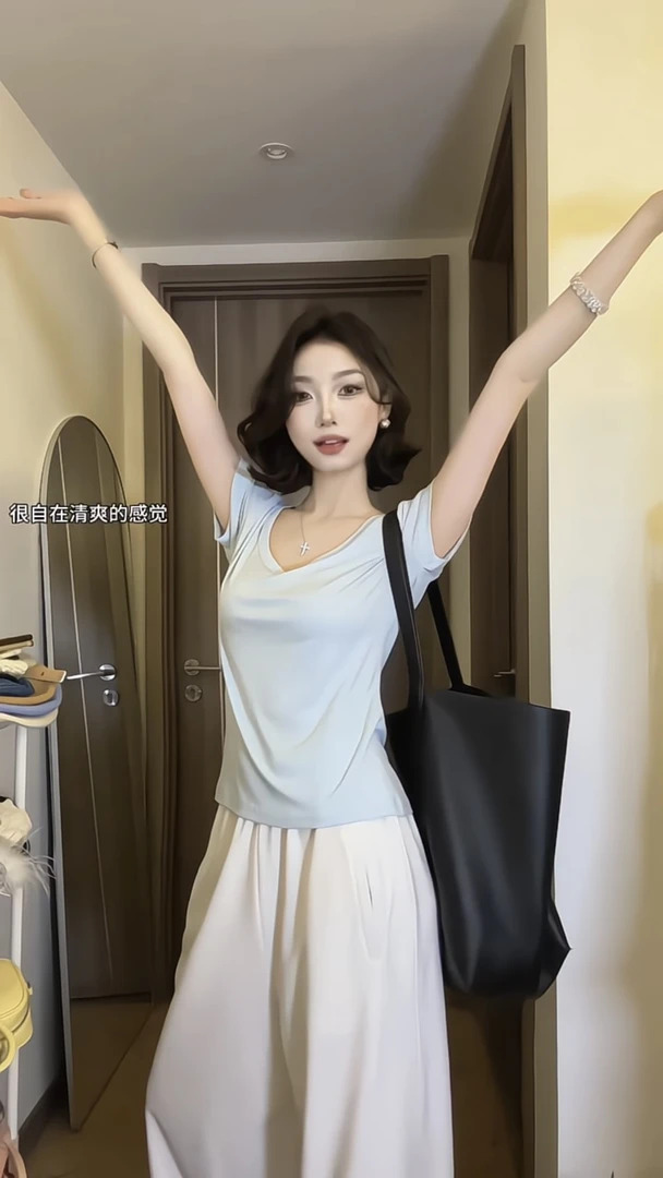 2025春夏新款韩系蓝色圆领套头设计上衣T恤百搭高腰阔腿裤两件套