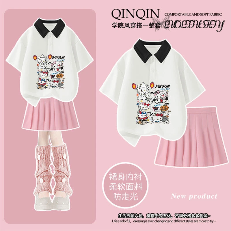 可爱猫咪女童POLO衫短袖短裙套装夏季新款女大童百褶裙两件套上衣