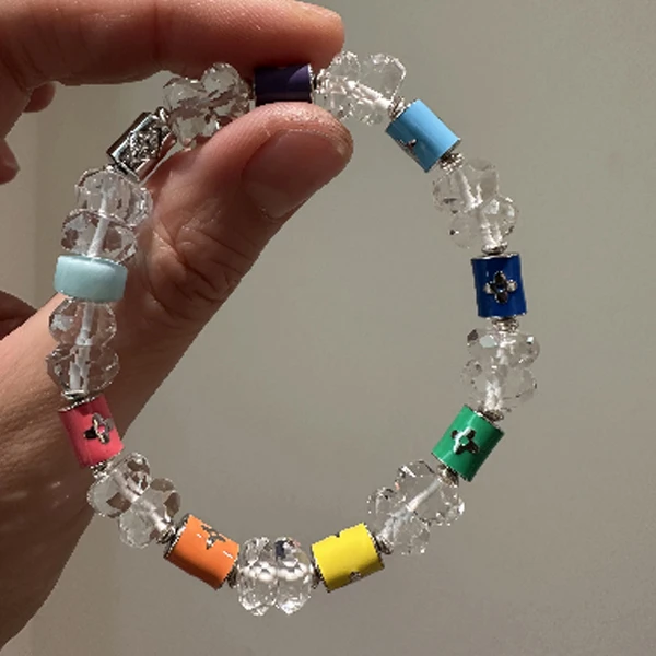 925银手链 S12270 切面白水水车轮珠彩色老花桶珠弹力手串