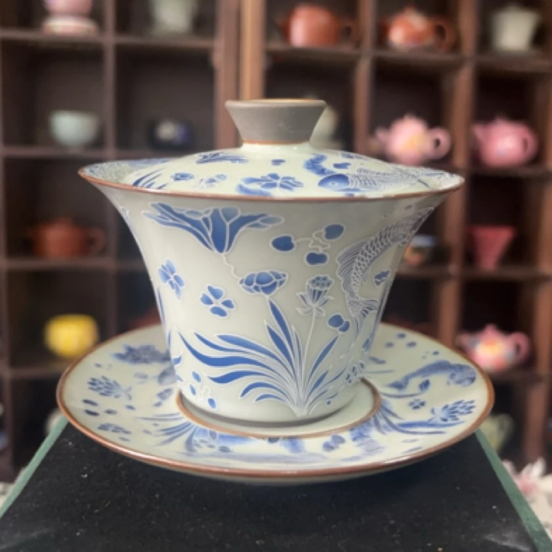 X03汝窑铁胎釉悬停旋转三才盖碗