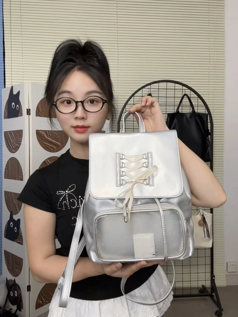 168银色高级感大容量芭蕾风蝴蝶结双肩包