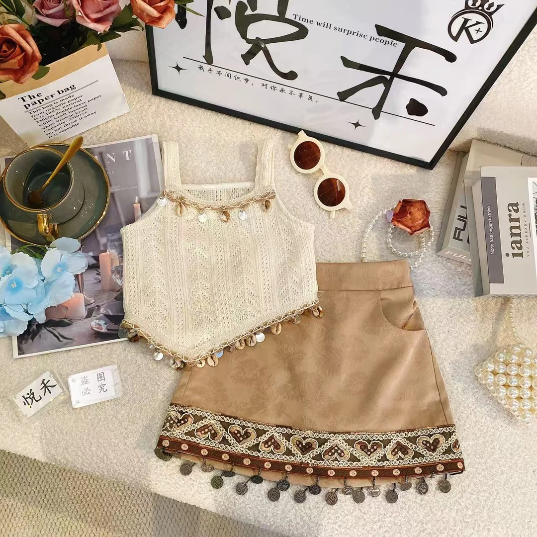 T2夏季新款2025女童针织休闲百搭网红时尚洋气镂空女宝套装8561