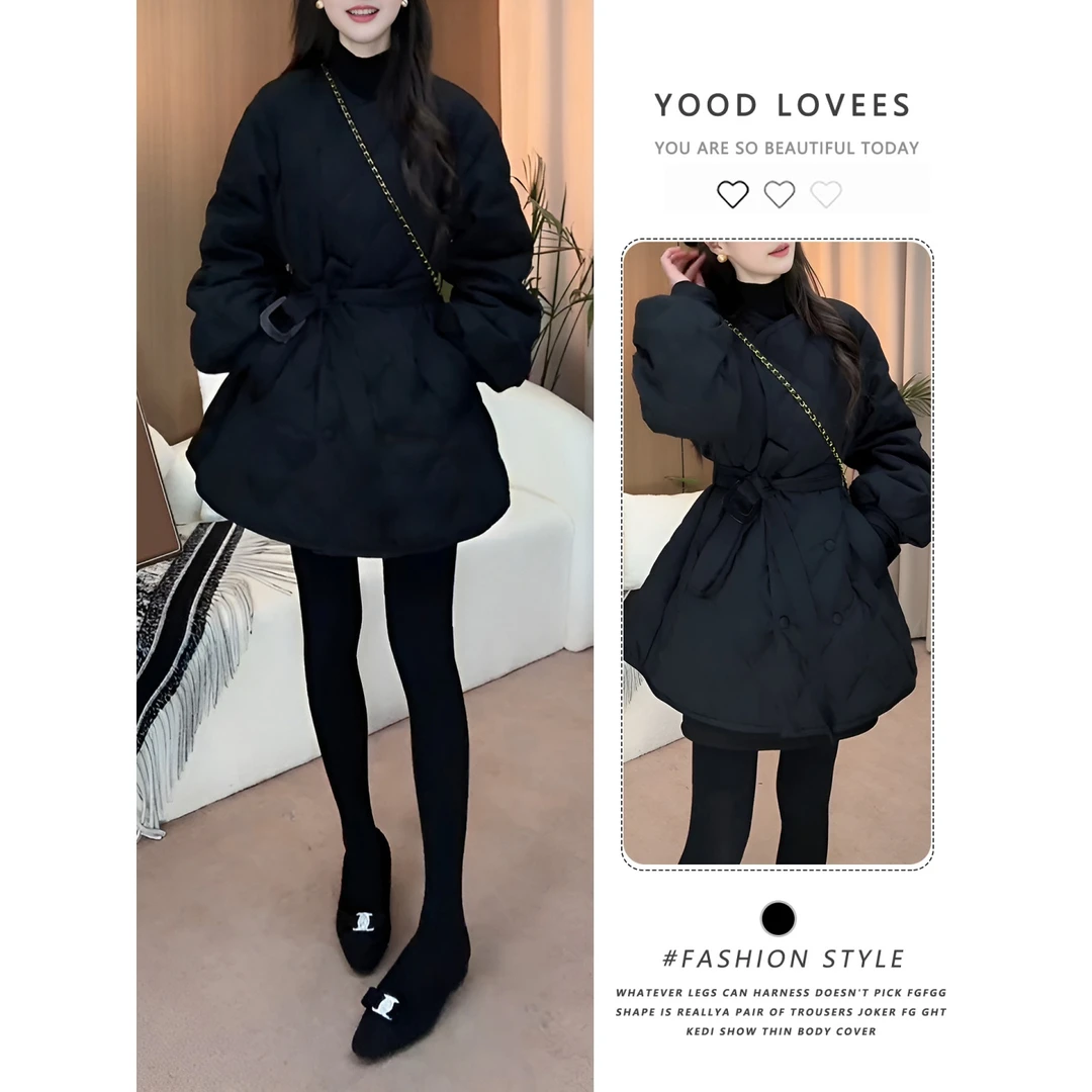 黑色小香风圆领菱格棉服外套女2025秋冬新高级感收腰气质夹棉上衣