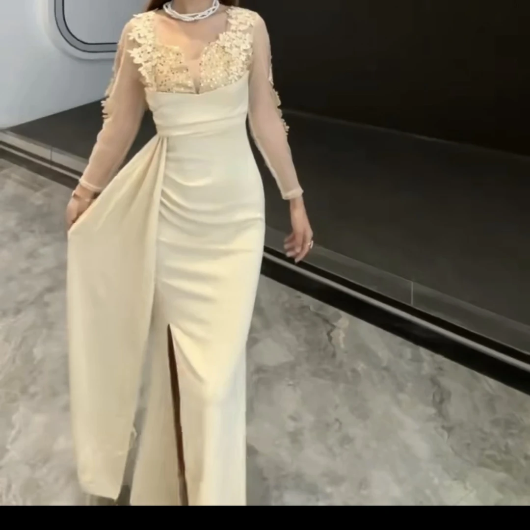 镶钻长袖圆领显瘦修身法式礼服一字肩服饰工艺
