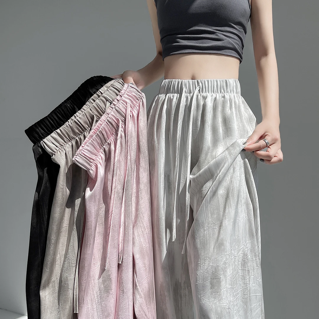 冰丝醋酸缎面扎染阔腿裤女夏季2025年薄款高腰垂感显瘦休闲直筒裤