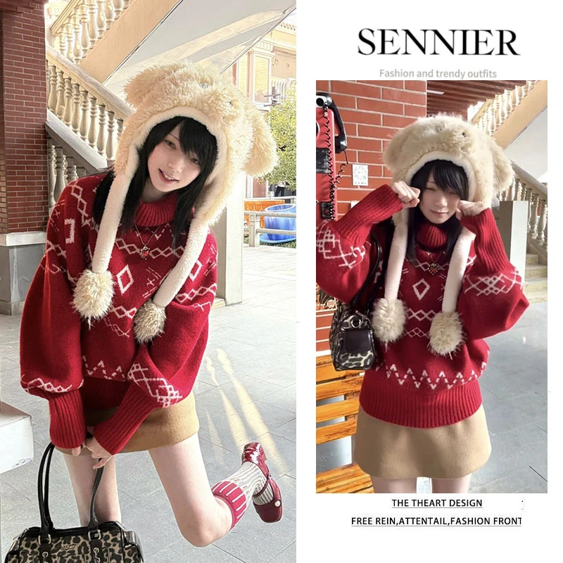 流行氛围感穿搭女2026新款洋气高领红色针织衫上衣百搭短裙两件套