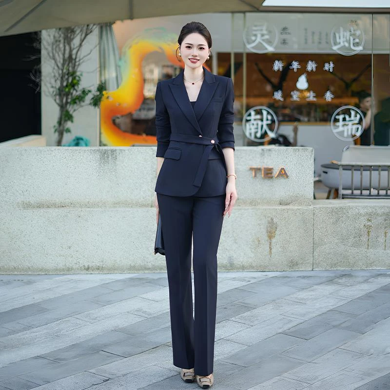 西装女名媛时尚单排扣长袖口袋一粒扣修身休闲拼接西装显瘦气质