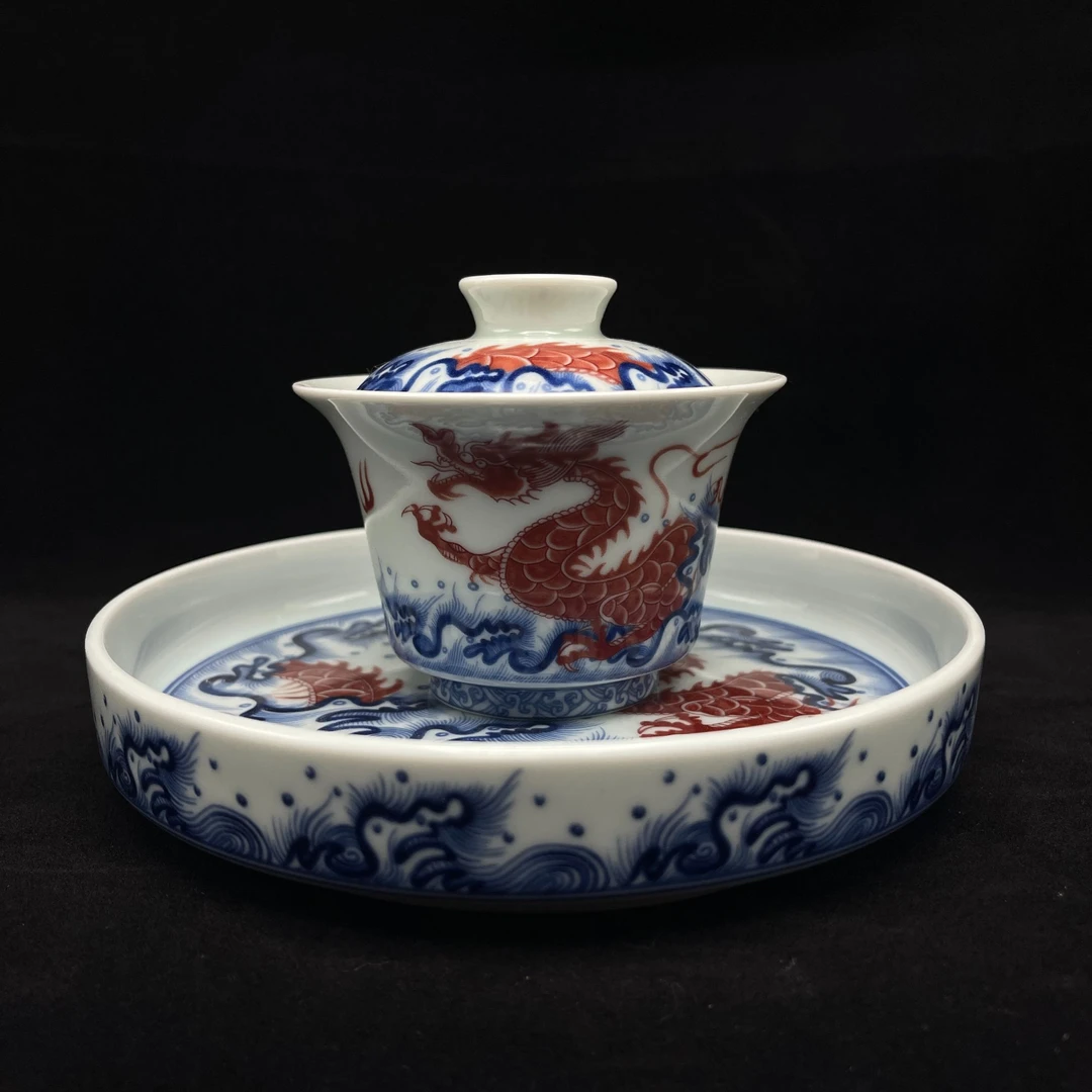 可旋转悬停三才盖碗不烫手海水龙纹大号底碟个人泡茶碗0228