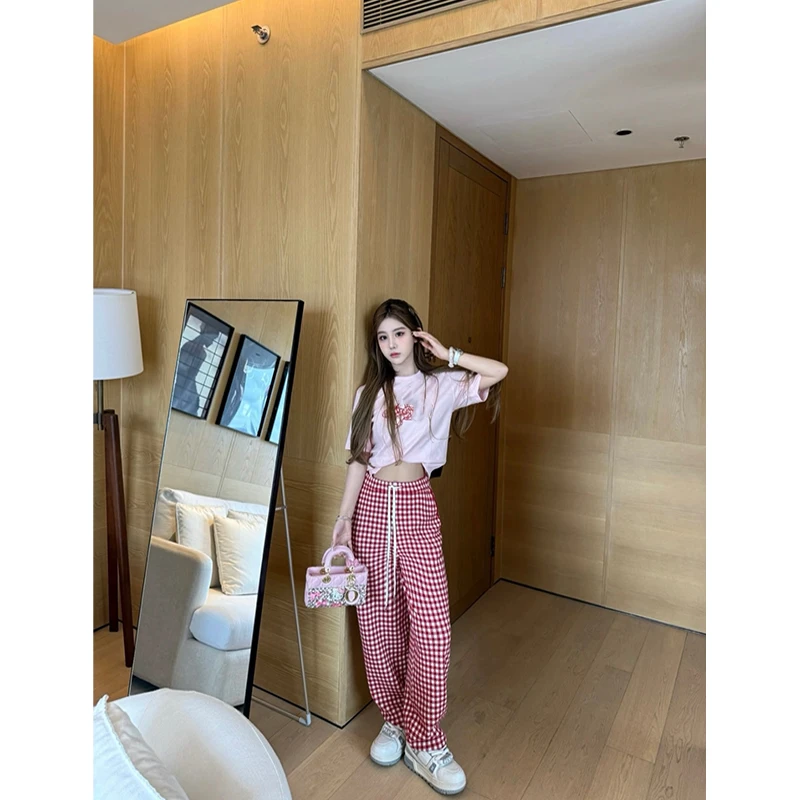 蛇年限定土星红标小蛇印花短袖圆领t恤上衣红色格子长裤两件套