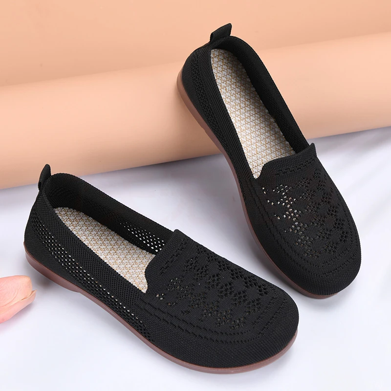 夏季老北京布鞋女休闲透气妈妈鞋软底舒适镂空飞织网面浅口平底鞋