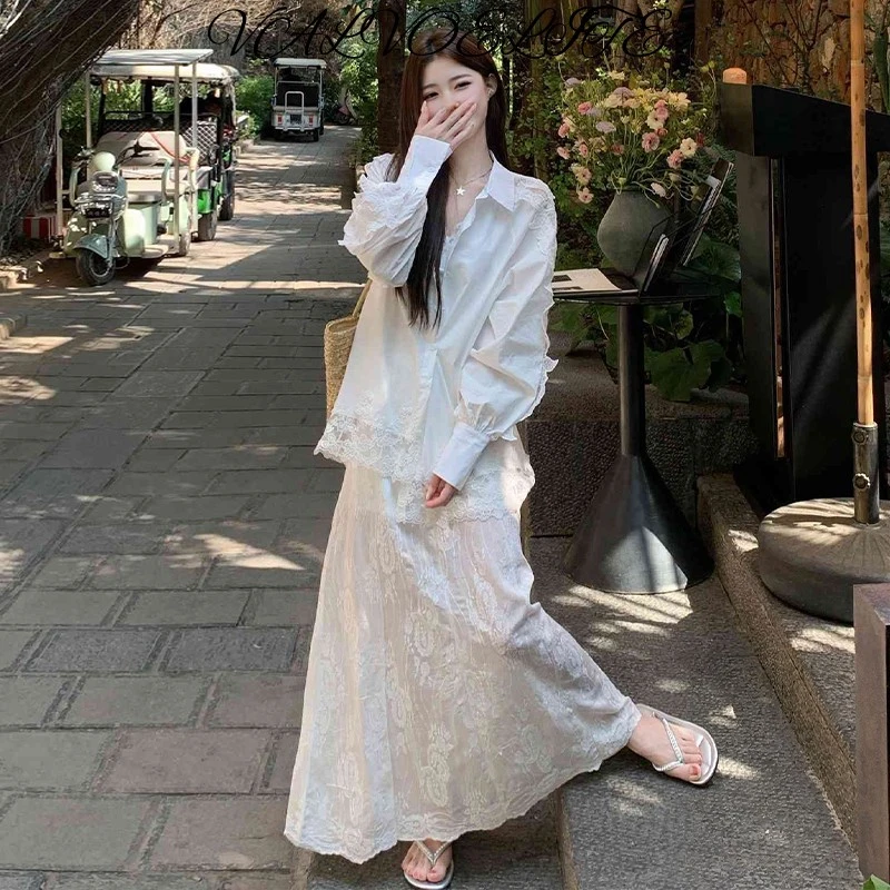 VALVOELITE松弛感穿搭套装韩系蕾丝镂空衬衫半身裙子气质两件