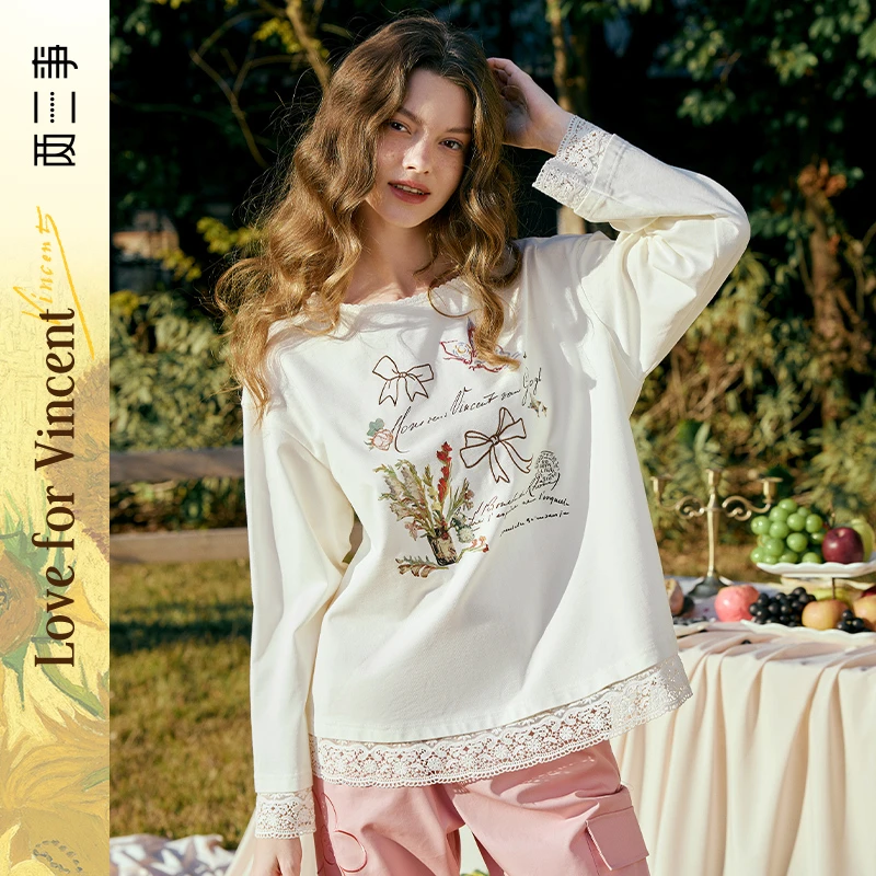 两三事梵高文艺画中游花2025春新款小清新蕾丝拼接印花刺绣t恤女