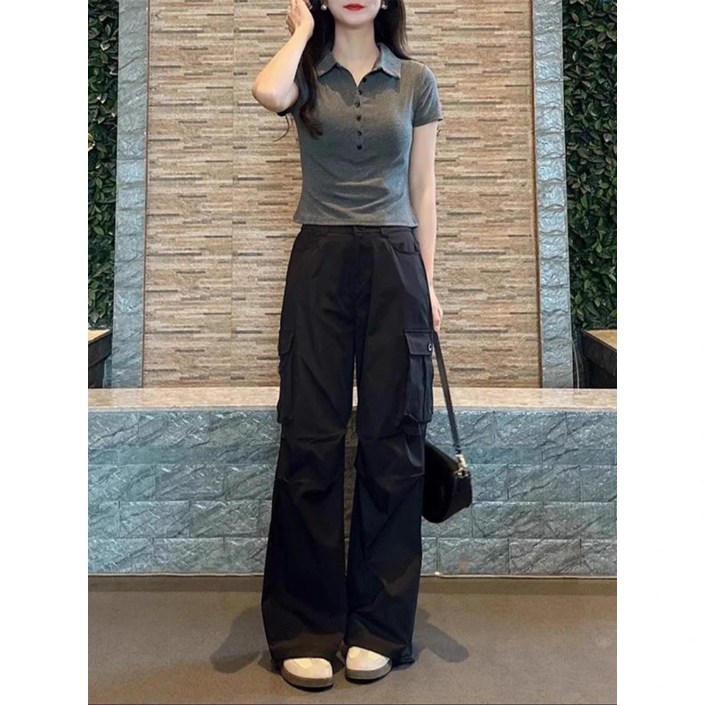 小个子夏季新款洋气衣服女修身显瘦短袖恤上衣高腰工装裤两件套