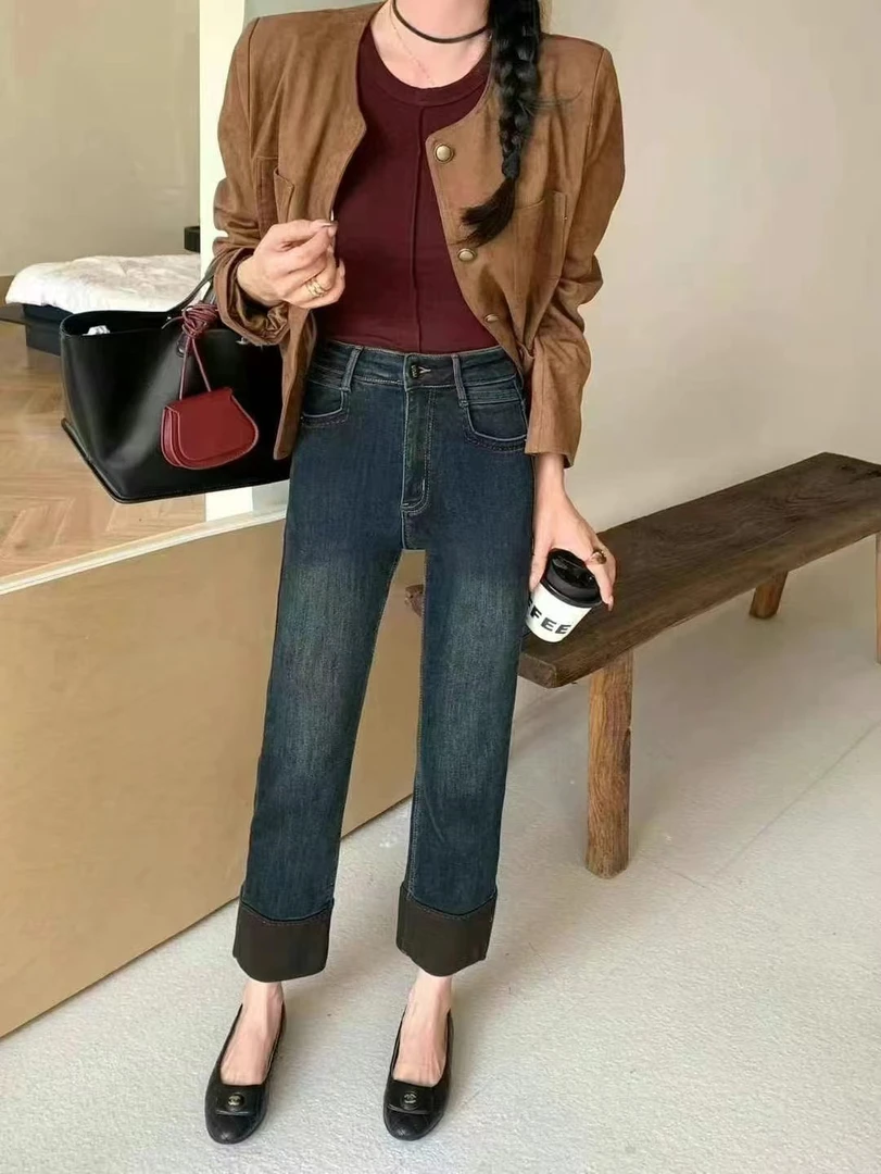 韩系拼接显瘦薄绒烟管裤（3361）