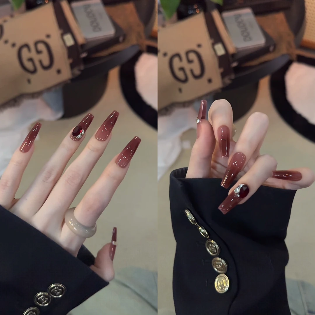 达人专属【港风美人】渐变果酱红色无名指大钻新年款手工穿戴甲